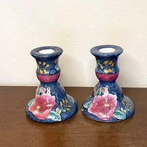 Vintage Toyo Porcelain Chinoiserie Candle Holders Set Hand Painted Blue Floral